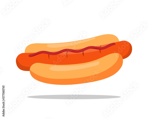 Hot dog illustration. Fastfood symbol. American cuisine, street food, sausage, bun, mustard, ketchup, takeaway, cafe. Flat design. Vector illustration.
