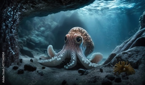  an octopus is sitting in a cave with its eyes open.  generative ai