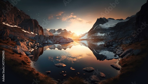 Lake in the mountains at sunset. Wide angle frame. Photorealistic drawing generated by AI.