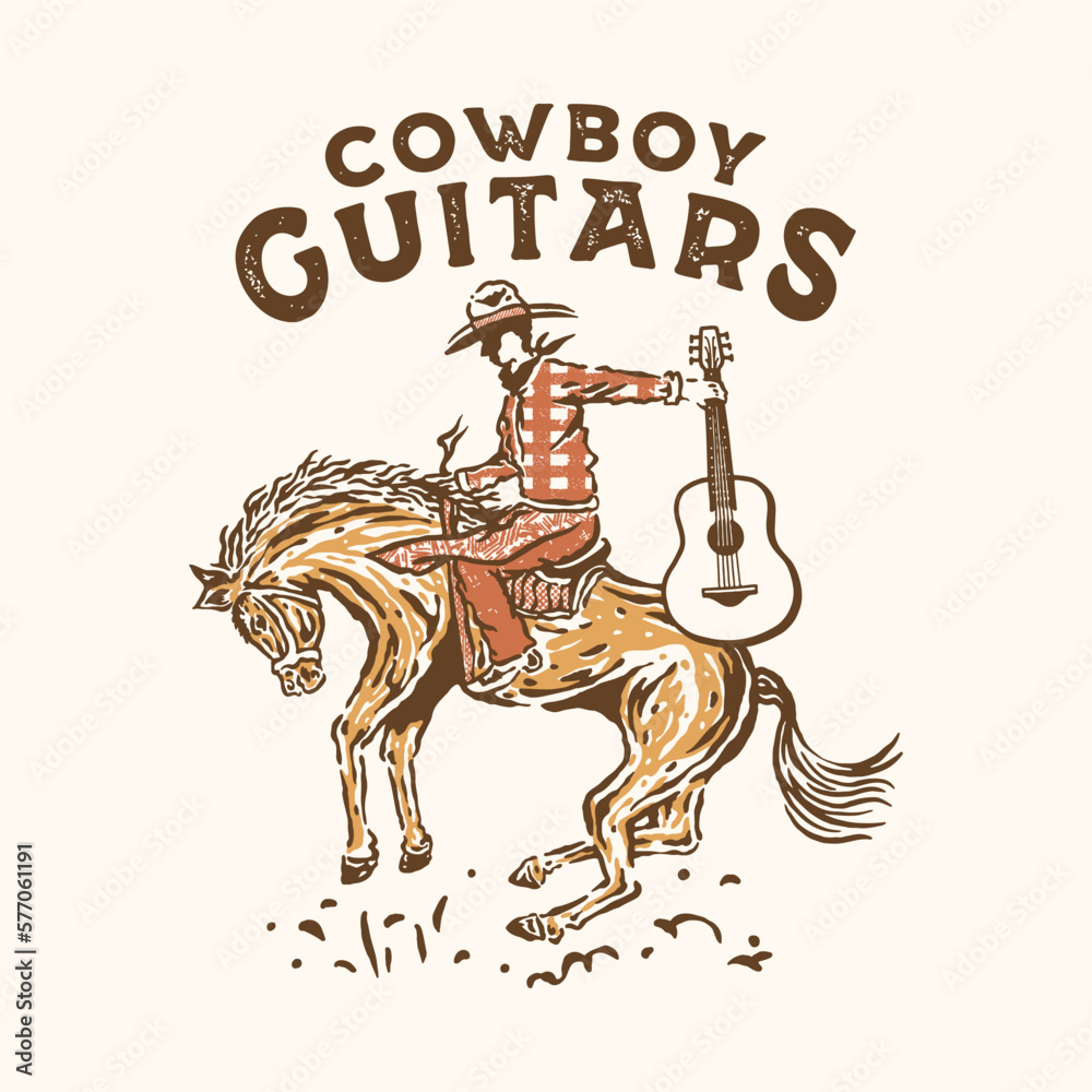 cowboy illustration rodeo graphic guitar design western vintage t shirt - obrazy, fototapety, plakaty 