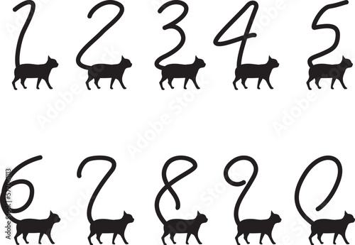 シッポが数字になっている猫のシルエット素材（細）	
