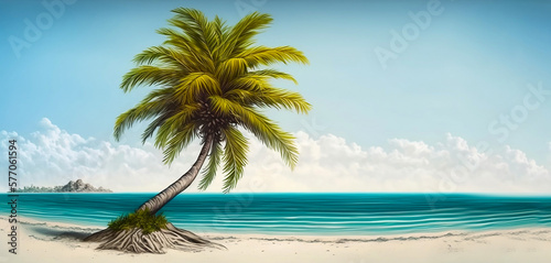 Tropical beach banner with palm tree. Ai