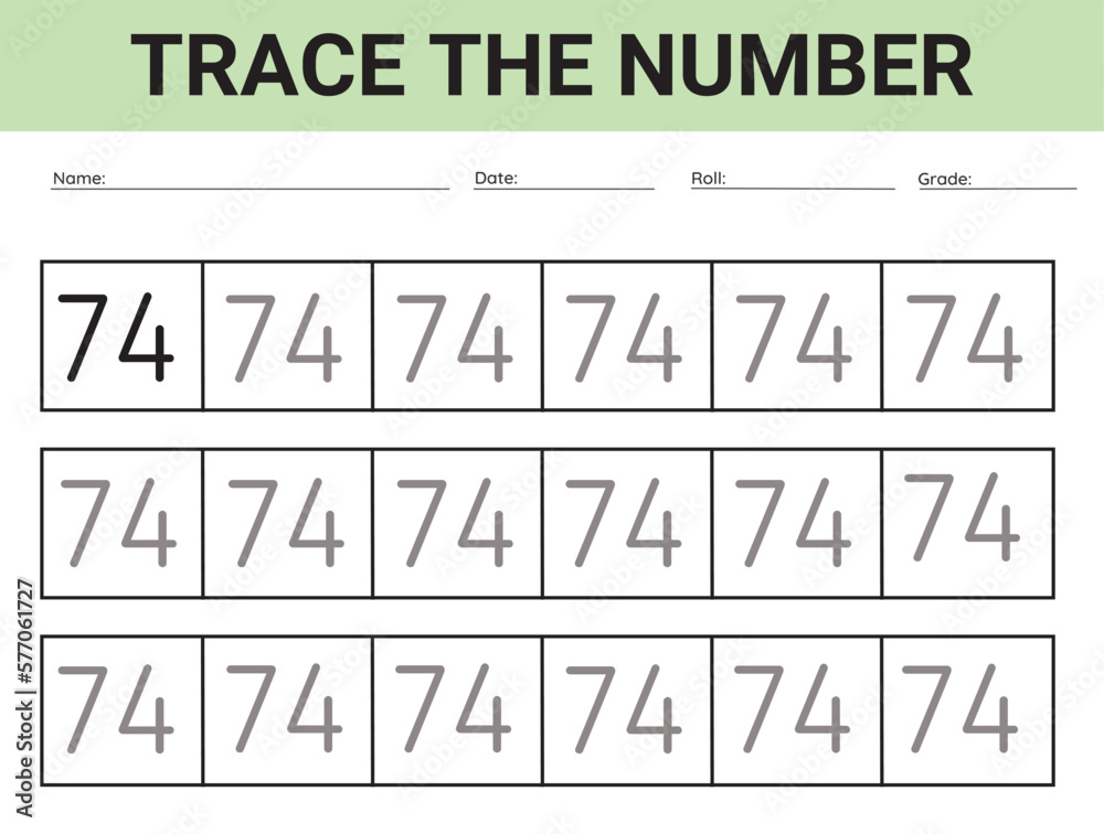 Number 74. card for kids learning to count and to write, worksheet for kids to practice writing skills, Vector illustration Number 74. card for kids learning to count and to write, worksheet for kids to practice writing skills, Vector illustration