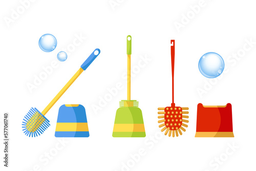 Set of multicolored toilet brush, stands for brushes isolated on white background. Household items. Household equipment for home and office. Toilet clean hygiene, sanitary wc bathroom concept. Vector