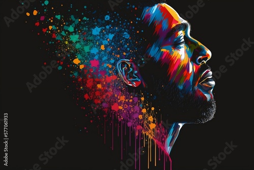 Black man colorful splash, black background. AI Generative