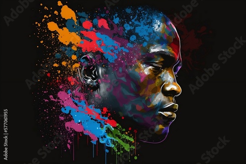 Black man colorful splash, black background. AI Generative