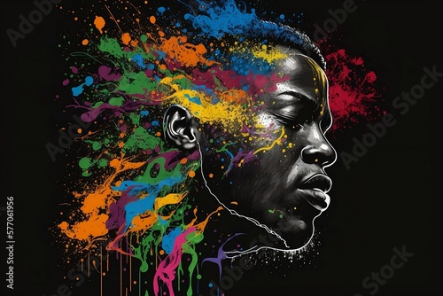 Black man colorful splash, black background. AI Generative