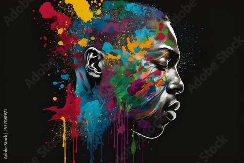 Black man colorful splash, black background. AI Generative