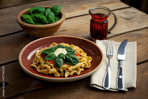 A Plate Of Pasta With Sauce And Basil On A Wooden Table Next To A Bowl Of Spinach And A Silverware On A Wooden Table. Generative AI