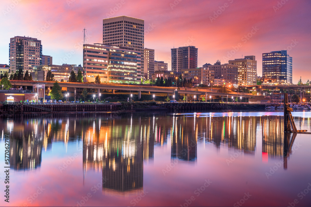 Tacoma, Washington, USA downtown skyline at dusk on Commencement Bay