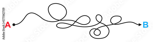 Messy soft line with arrow from point a to point b. Way to success sign. Confused and complicated way. Template design for business concept or tourism geolocation. Vector illustration