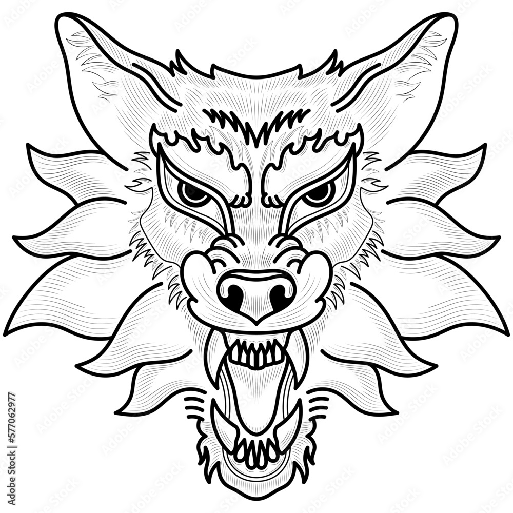 Stylised hand drawn wolf head. Black and white engrave isolated