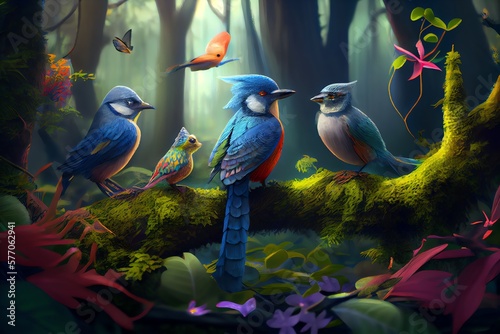Fantastic Birds In A Fairy-Tale Forest. Generative AI