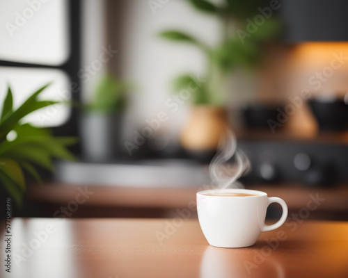 fresh coffee in a cozy sunny spring kitchen interior, created using generative AI tools