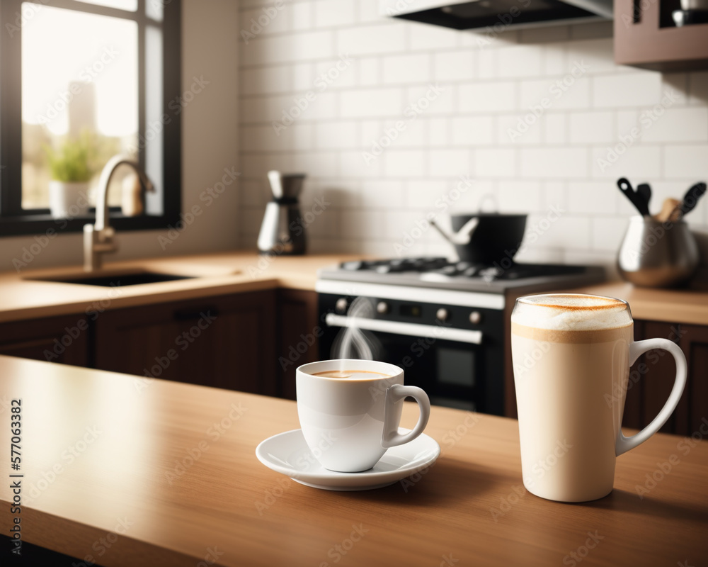 fresh coffee in a cozy sunny spring kitchen interior, created using generative AI tools fresh coffee in a cozy sunny spring kitchen interior, created using generative AI tools