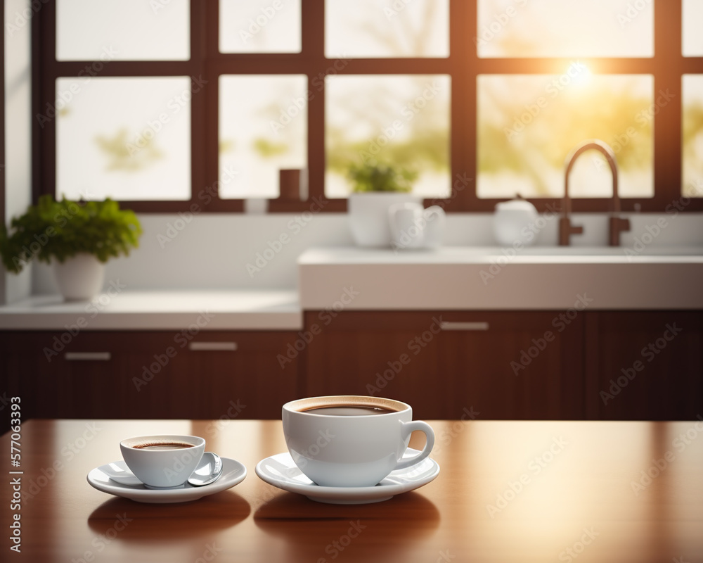 fresh coffee in a cozy sunny spring kitchen interior, created using generative AI tools fresh coffee in a cozy sunny spring kitchen interior, created using generative AI tools