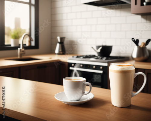 fresh coffee in a cozy sunny spring kitchen interior, created using generative AI tools © Kuba