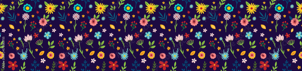 Spring floral pattern on dark blue background. Vector set of spring flowers for your design. Vector EPS 10