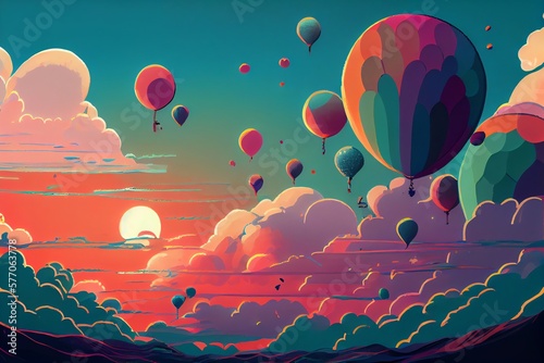 Balloons On The Sky, Art Illustration. Generative AI