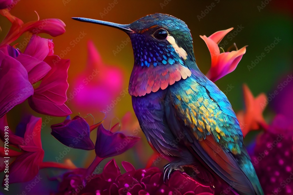 Fototapeta premium Colorful Hummingbird On Top Of Beautiful Flowers. Generative AI