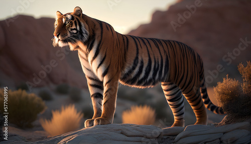 tiger in the wild, side view, golden hour, Ai Generate 