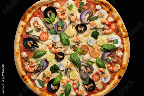 Fresh and Flavorful Seafood Pizza on a Rustic Platter