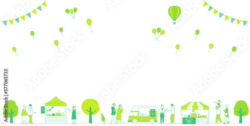 緑の木々とマルシェで賑わう人々の背景素材