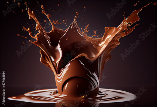 Liquid chocolate crown splash. In a liquid chocolate pool. With circular ripples. AI Generated