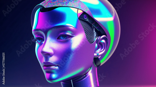Abstract 3D illustration of holographic human face in space, robotic head made of glossy iridescent material. Artificial intelligence concept. generated with generative ai