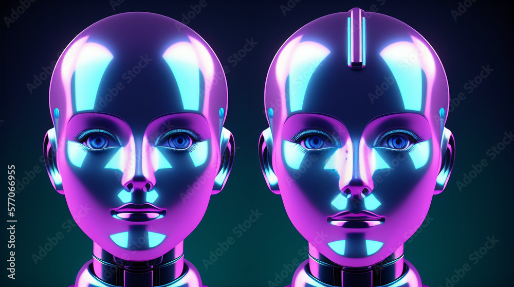 Abstract 3D illustration of holographic human face in space, robotic head made of glossy iridescent material. Artificial intelligence concept. generated with generative ai Abstract 3D illustration of holographic human face in space, robotic head made of glossy iridescent material. Artificial intelligence concept. generated with generative ai