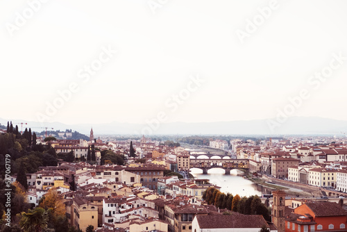 Panoramic view of Florence from Piazzale Michelangelo square. Italian travel destination and landmark, tourist attraction. © Iryna