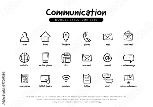 Communication icon set doodle style include with email, phone, chat, video conference, message, mail, letter, envelope, mobile phone, fax and more