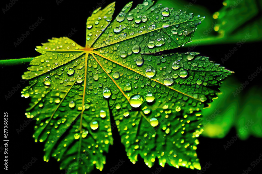 Many drops of morning dew on the green leaves glisten in the sunlight. Many drops of morning dew on the green leaves glisten in the sunlight.