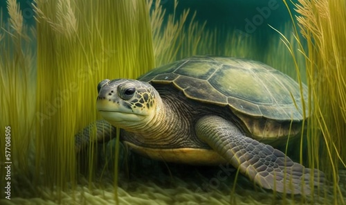  a painting of a turtle in a sea grass field with tall grass.  generative ai © Anna