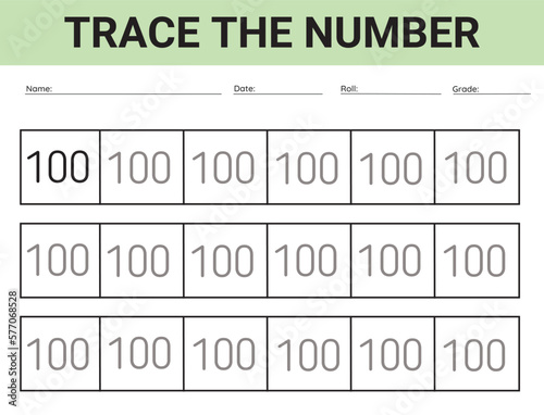Number 100. card for kids learning to count and to write, worksheet for kids to practice writing skills, Vector illustration