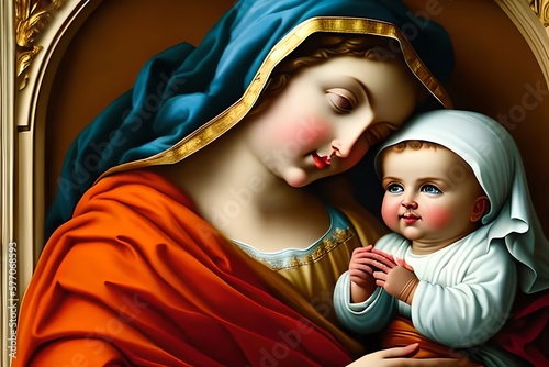 Oil Paint of Baby Jesus and Virgin Mary,. Generative AI