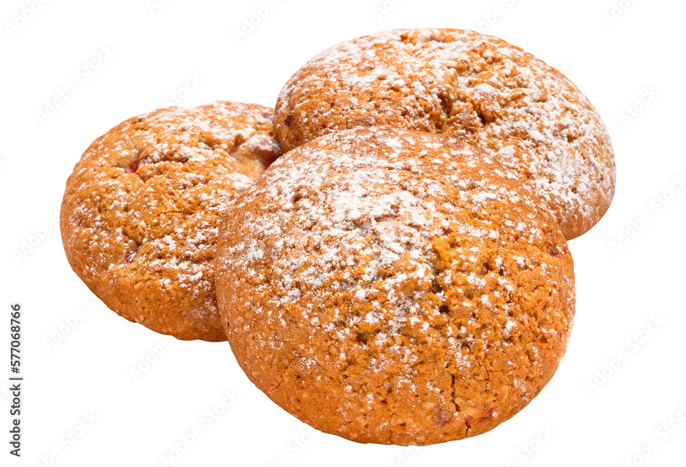 Three oatmeal cookies with sugar powder, cut out