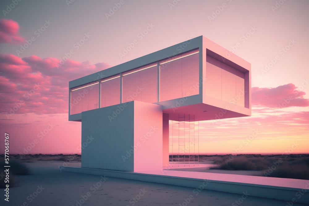 Architectural abstract modern style concept of expensive, luxury pastel pink house, summer weekend house under cloudy sky. Generative AI. Architectural abstract modern style concept of expensive, luxury pastel pink house, summer weekend house under cloudy sky. Generative AI.