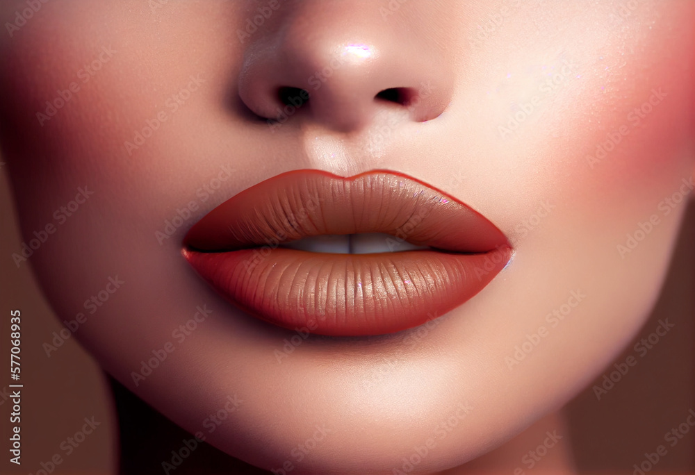 Obraz premium Close-up perfect lip makeup beautiful female mouth. Perfect clean skin, fresh lip make-up. AI Generated