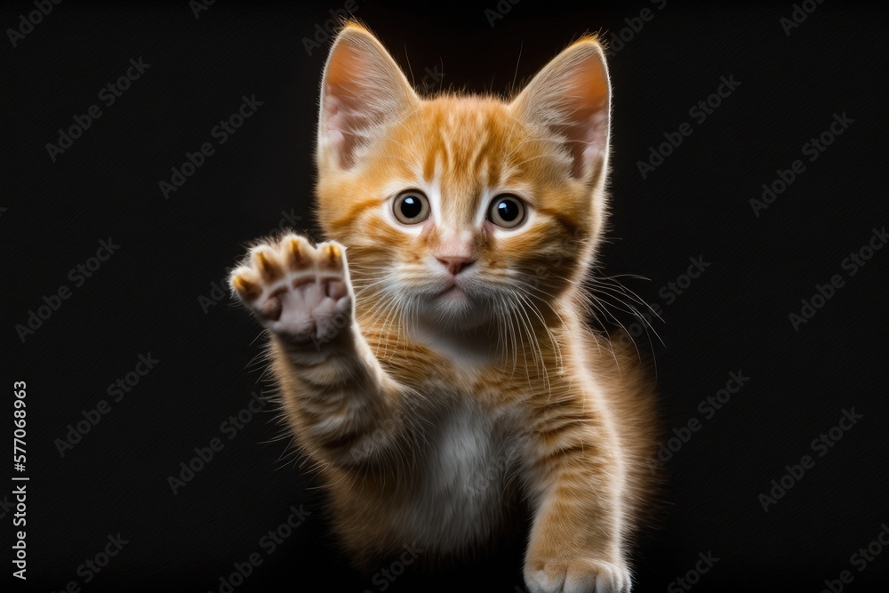 Ginger Cat Puppy Portrait, Isolated on Black Background, Raising Paw and Looking at Camera. Generative AI