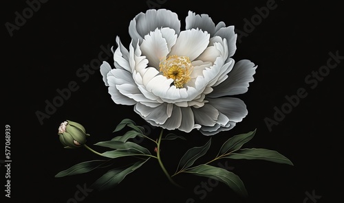  a white flower with a yellow center on a black background.  generative ai