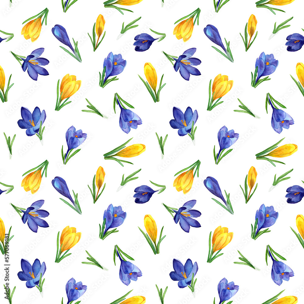 Spring Seamless pattern of blue and yellow crocuses flowers. Watercolor hand painted textile ornament. Botanical design for fabric, packaging, wallpaper, covers. Easter holiday decoration.