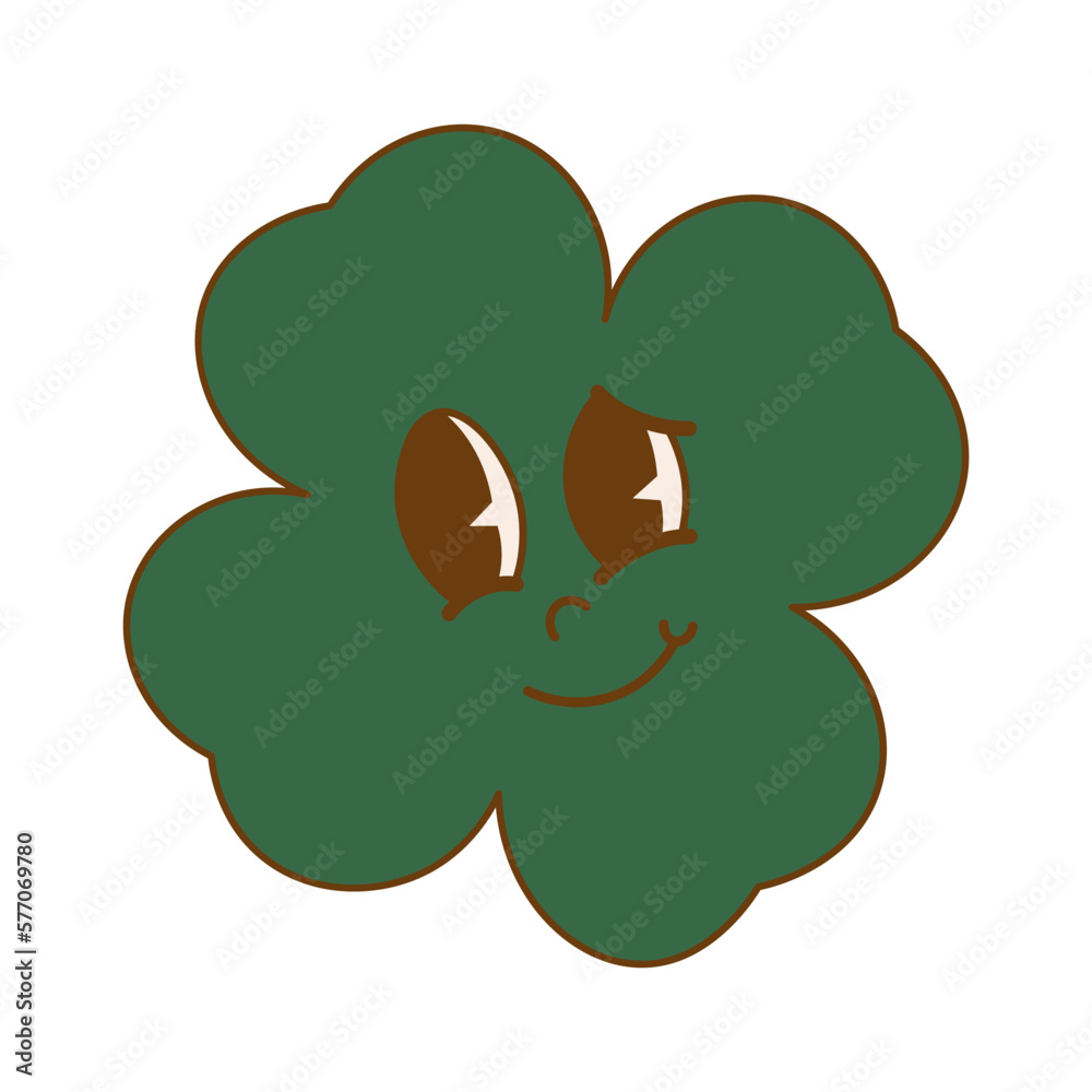 Trendy retro cartoon character clover with four leaf. Happy Saint Patrick's Day. Groovy style, vintage, 70s 60s aesthetics Trendy retro cartoon character clover with four leaf. Happy Saint Patrick's Day. Groovy style, vintage, 70s 60s aesthetics