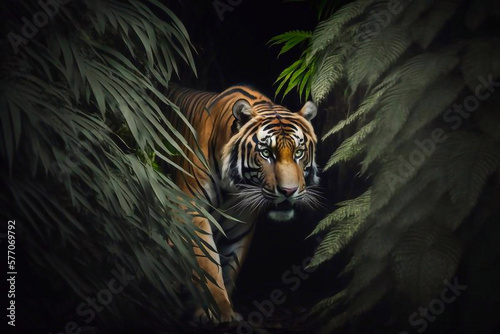 Tiger looking at you from the dark  portrait of a tiger. Generative AI