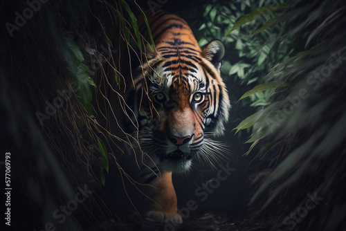 Close up Tiger walking on road through dark forest. Generative AI