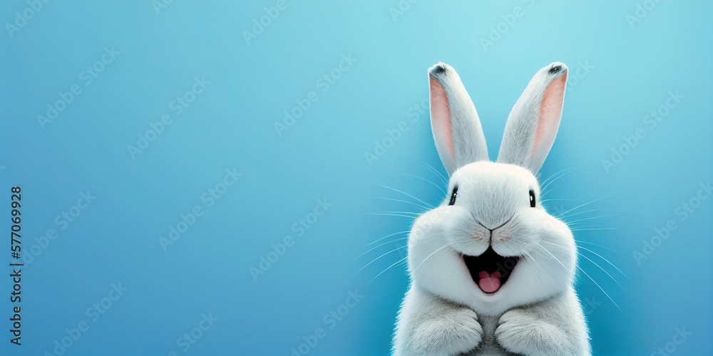 cute animal pet rabbit or bunny white color smiling and laughing isolated with copy space for easter greeting card
