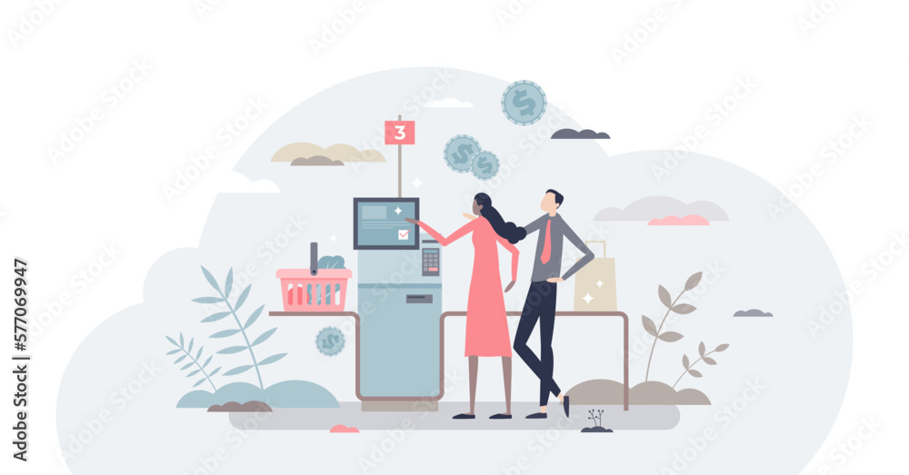 Self checkout as terminal payment after grocery shopping tiny person concept, transparent background. Supermarket or store purchase system for automated process illustration. Self checkout as terminal payment after grocery shopping tiny person concept, transparent background. Supermarket or store purchase system for automated process illustration.