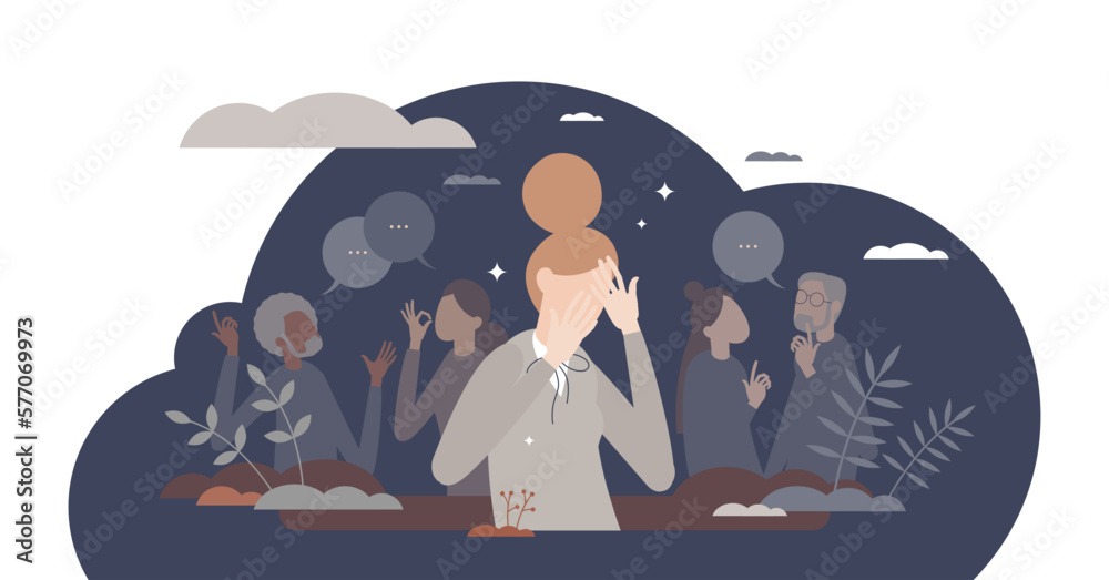 Social anxiety and psychological discomfort from crowd tiny person concept, transparent background. Stress and awkward emotion in public place as emotional difficulty illustration.