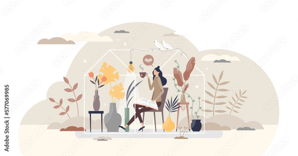 Spending time at home alone as isolated single female tiny person concept, transparent background. Avoid social meetings and sitting inside apartment to be safe illustration.