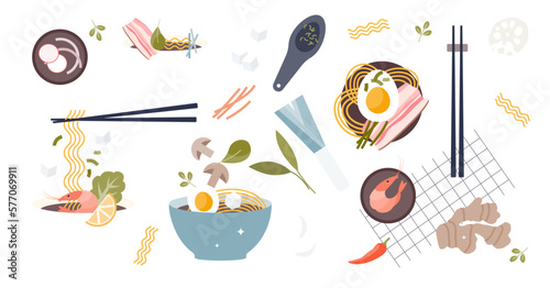 Ramen soup elements with food sticks bowls and ingredients tiny person set, transparent background. Asian traditional meal with chopsticks illustration. Japanese noodle dish with broth, soy sauce.